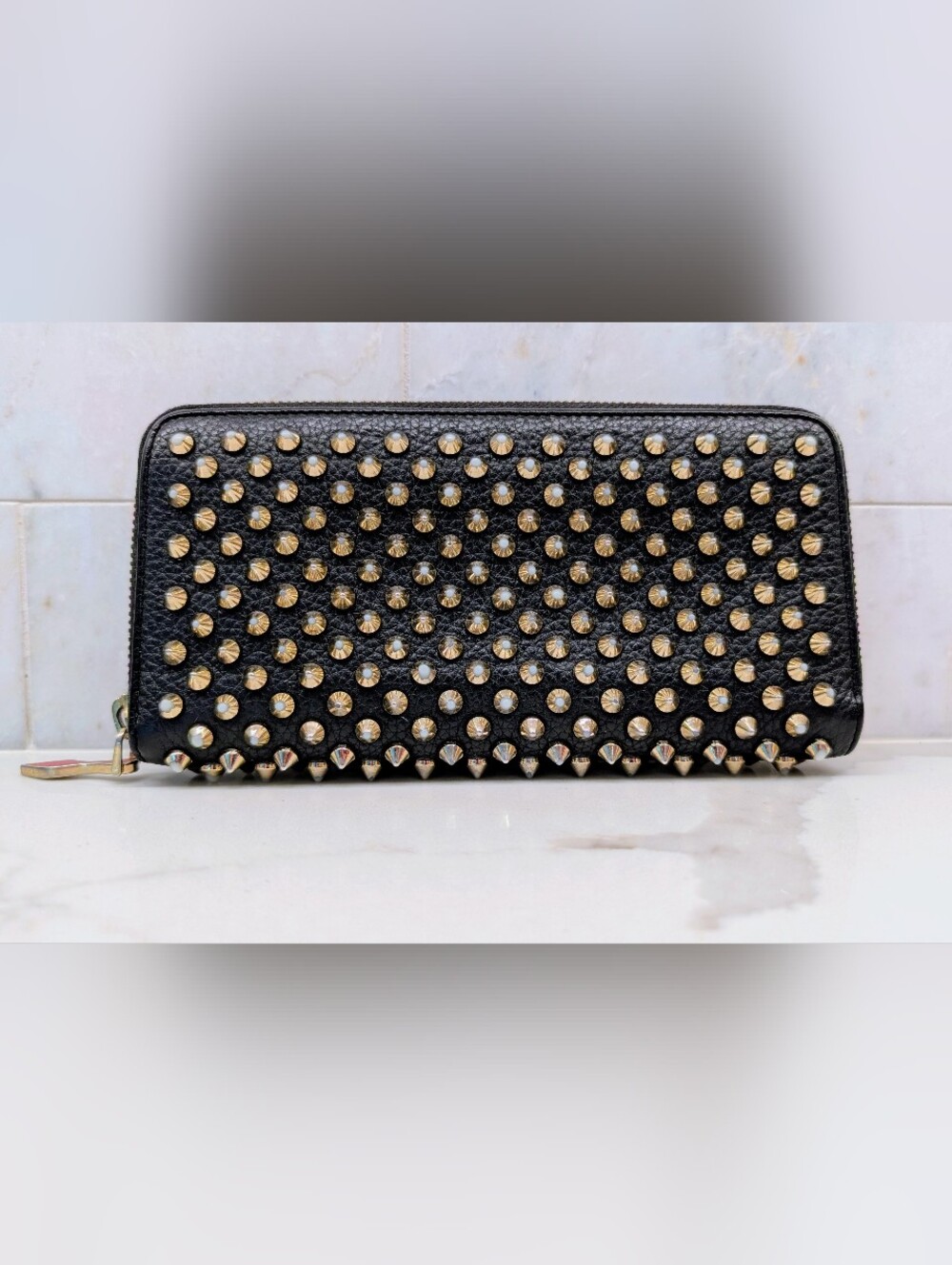 Christian Louboutin Black Leather Studded Wallet with Silver Spikes - Picture 2 of 9